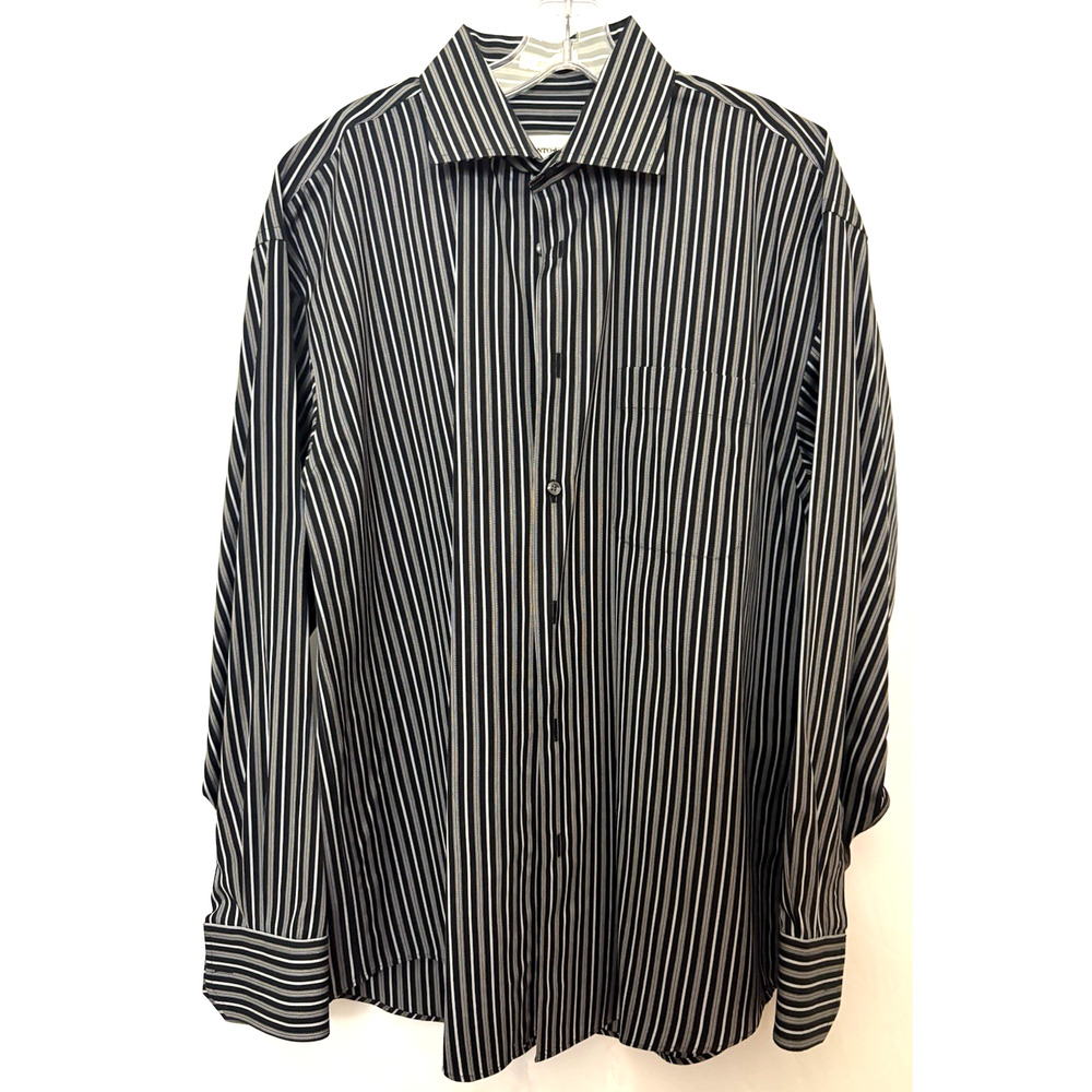 Pronto Uomo Button Up Shirt Mens L Black/Blue Striped Non Iron 100% Cotton
